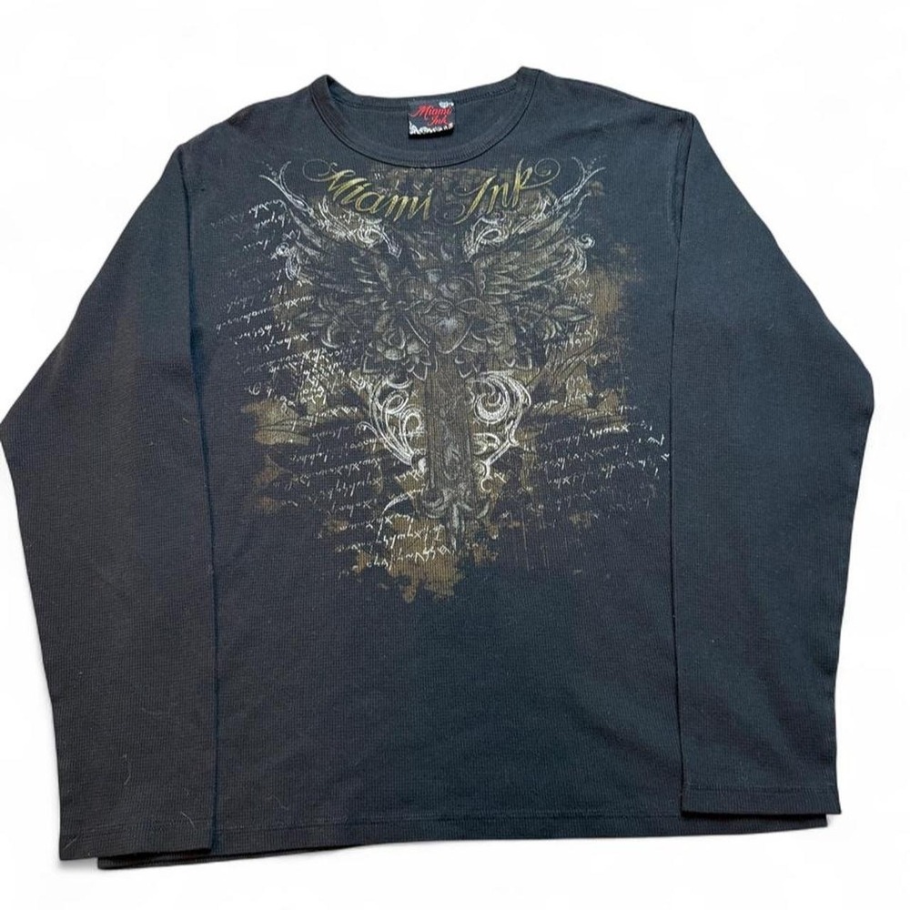 Vintage Y2K Miami Ink Long Sleeve grunge Thermal Shirt size large